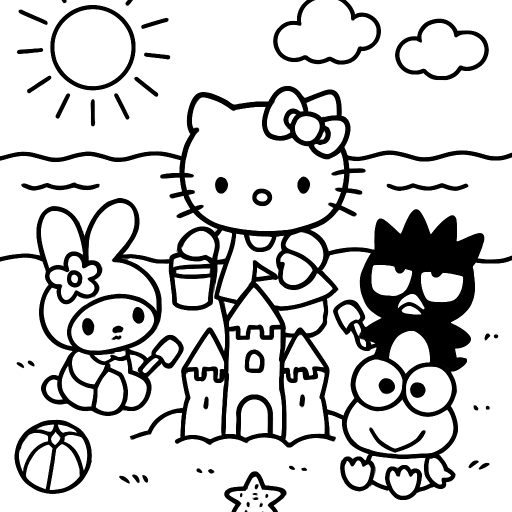 Hello Kitty and friends building a sandcastle at the beach